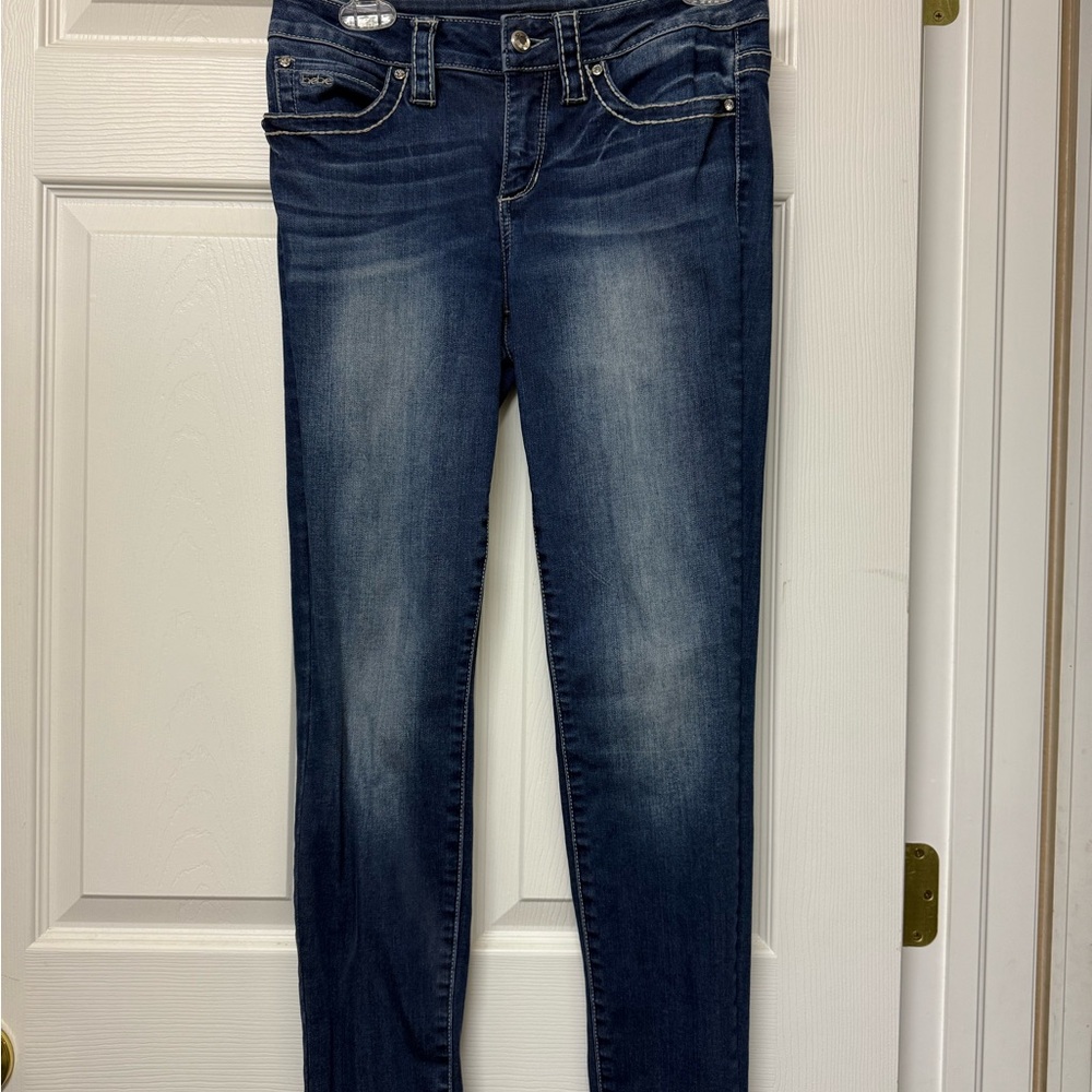 BEBE VINTAGE dark wash low rise skinny jeans rhinestone
